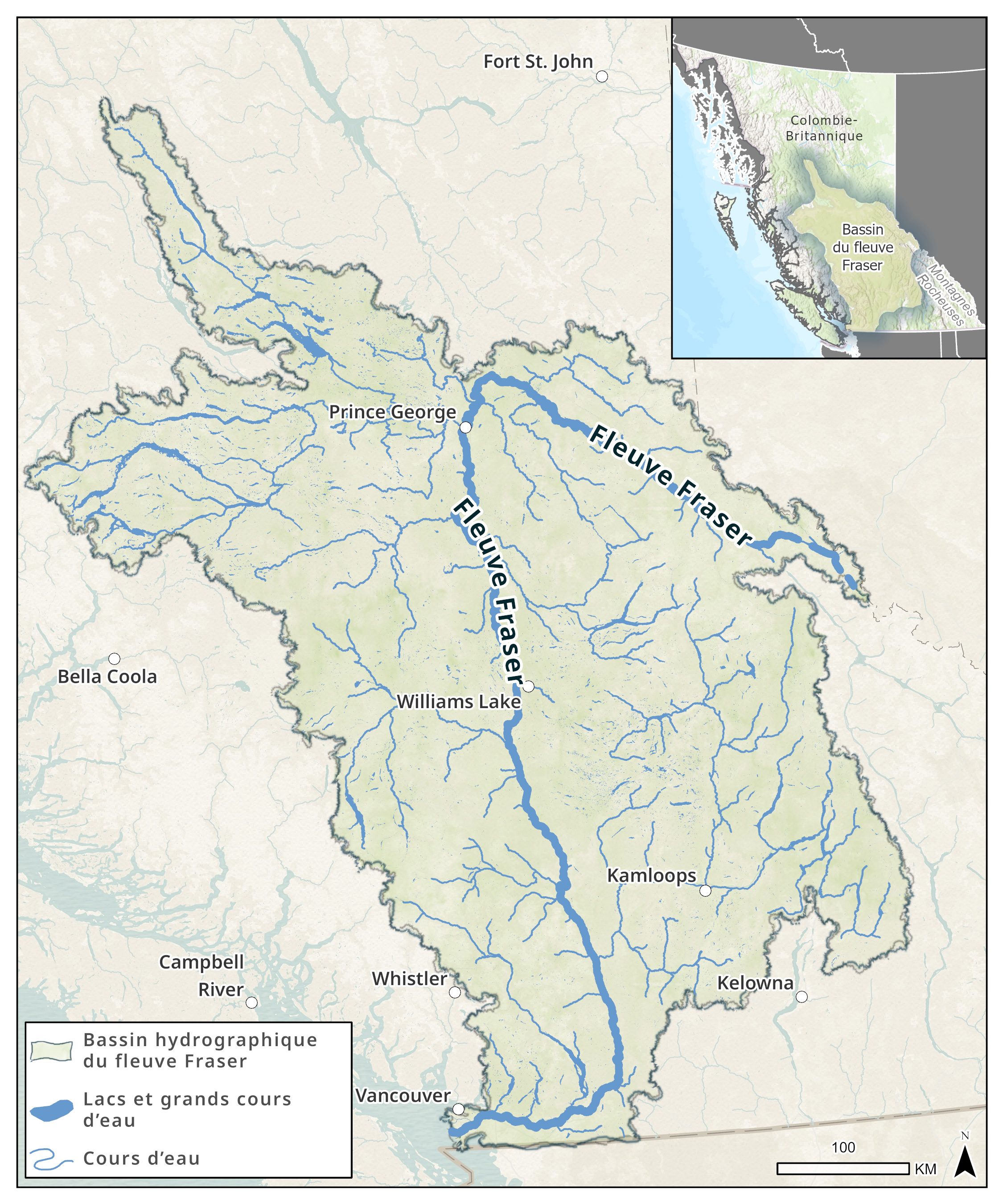 Le fleuve Fraser fait partie du bassin du Fraser, qui s’étend sur une grande partie du sud de la Colombie-Britannique.