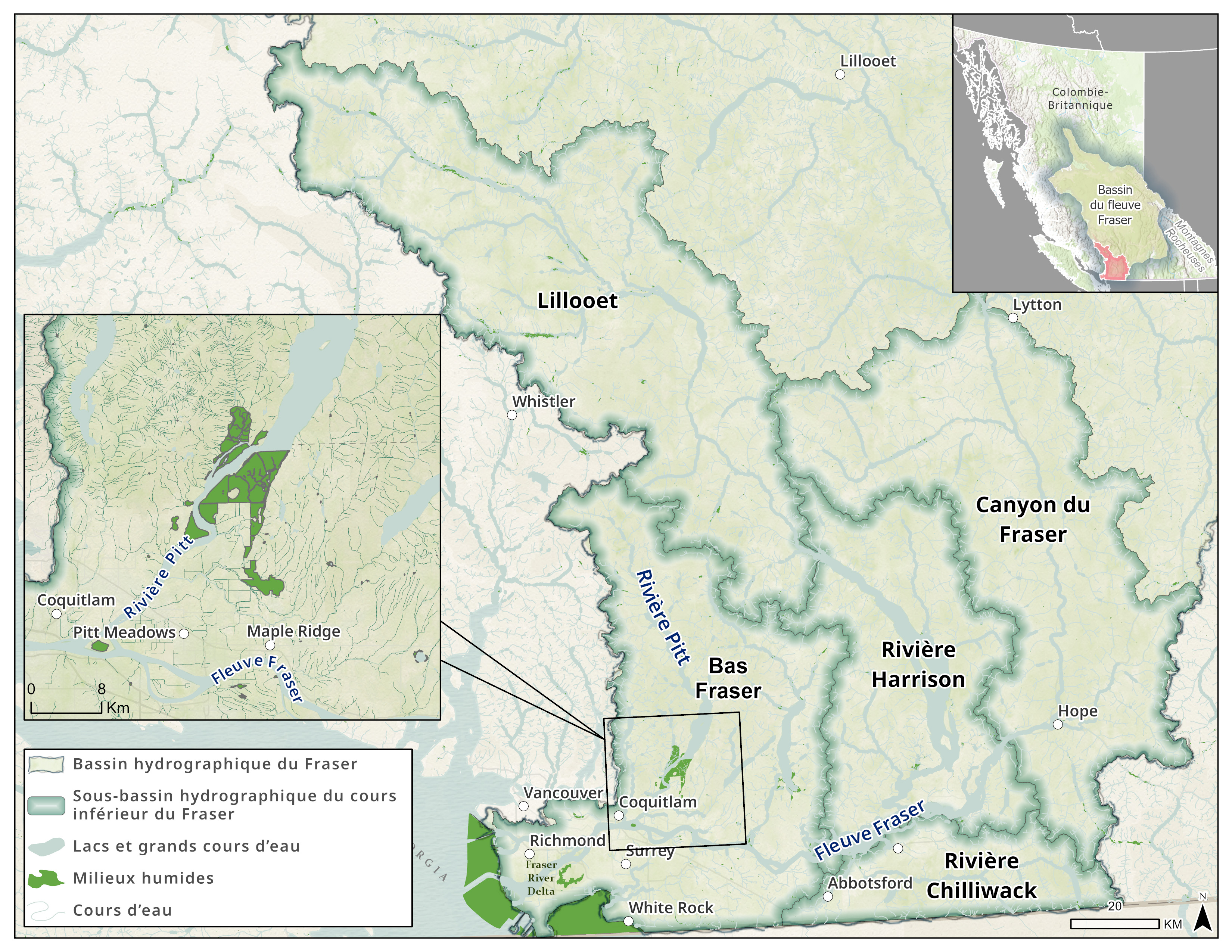 Sous-bassins hydrographiques du bas Fraser : le bas Fraser (sud-ouest), la rivière Chilliwack (sud), la rivière Harrison (centre), Lillooet (nord) et le canyon du Fraser (est).