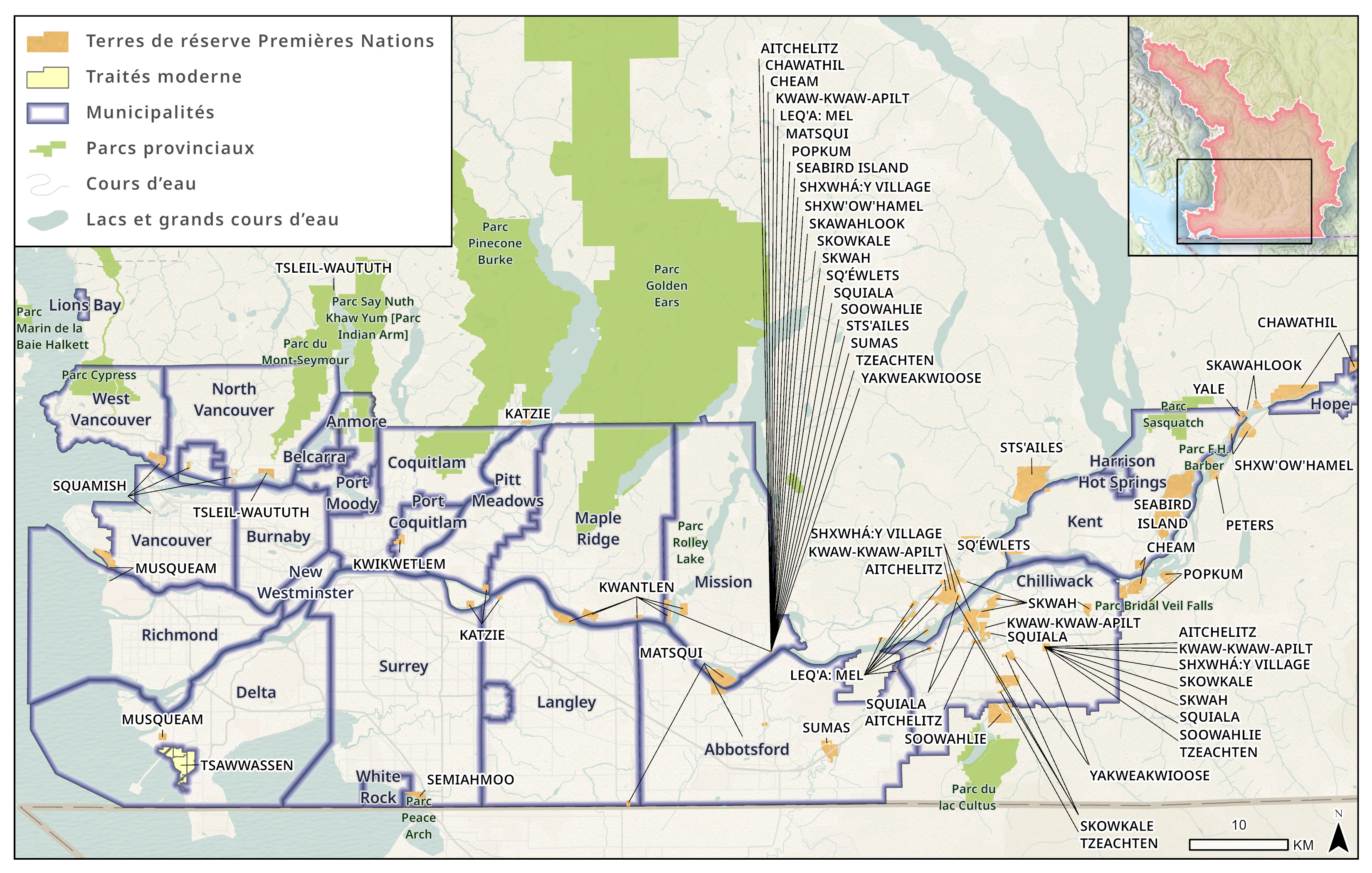 Carte montrant les limites municipales, les parcs provinciaux et les terres de réserve autochtones dans le bas Fraser.