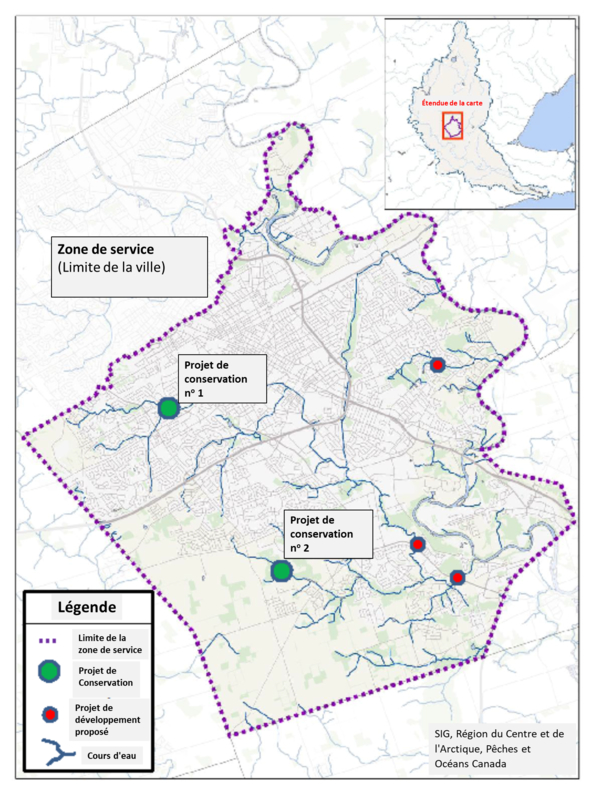 Exemple d'une carte de zone de service, indiquant les limites de la zone de service, l'emplacement des projets de conservation de l'habitat et des projets de développement proposés, et illustrant les cours d'eau.