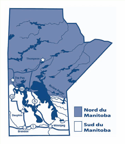 Limites du Sud et du Nord du Manitoba pour les périodes particulières de pêches des poissons frayant.