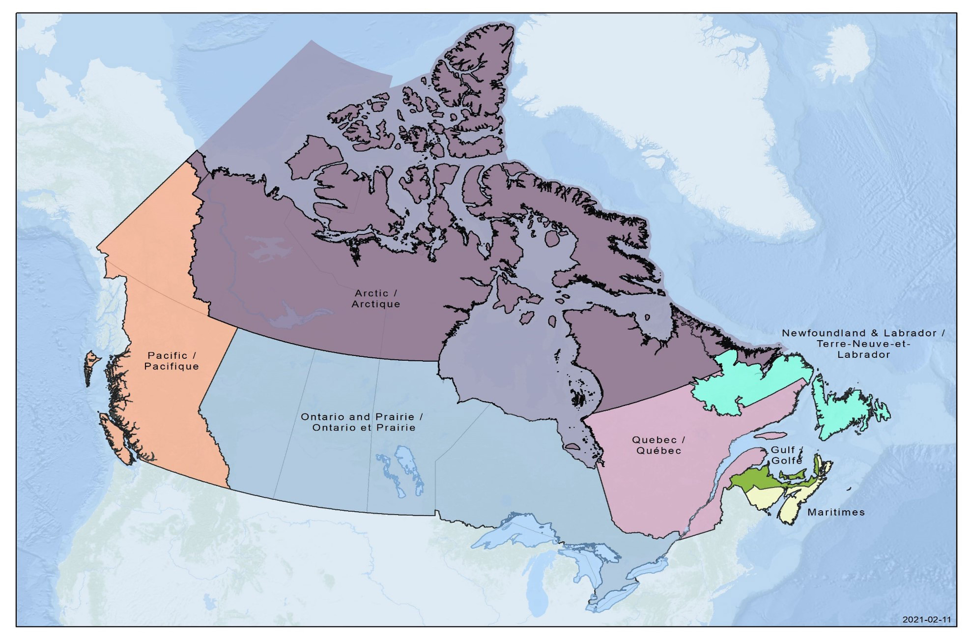 Map of Canada displaying DFO administrative regions.