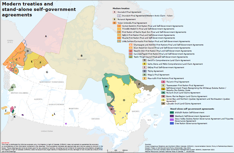 Map showing the geographic distribution of modern treaties and self-government agreements across Canada.