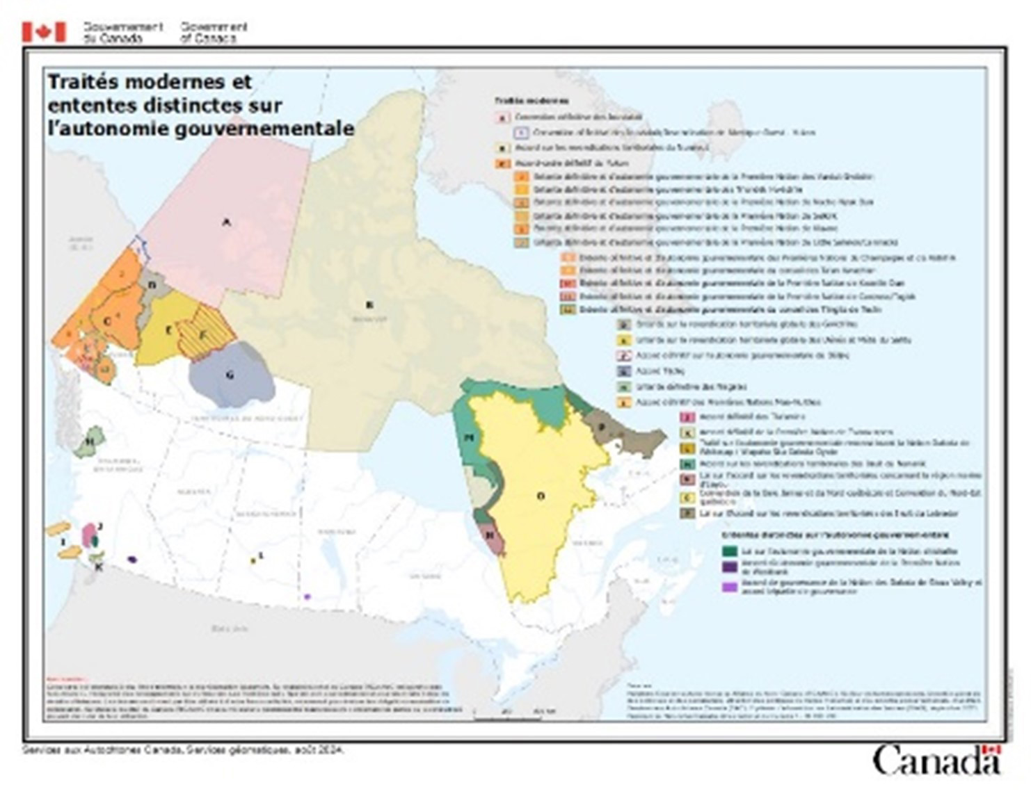 Carte montrant la distribution géographique des traités modernes et ententes distinctes sur l'autonomie gouvernementale au Canada