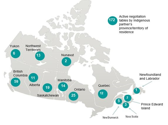 Carte du Canada illustrant le nombre de tables de négociation actives impliquant des partenaires autochtones, classées selon leur province ou territoire de résidence.