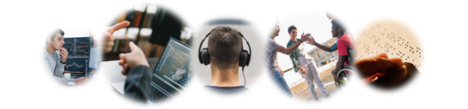 collage d'images liées au handicap, incluant une personne lisant le braille, une personne utilisant des écouteurs, un jeune utilisateur de fauteuil roulant interagissant avec des amis, quelqu'un utilisant la langue des signes lors d'un appel vidéo et une personne en hyperfocus.