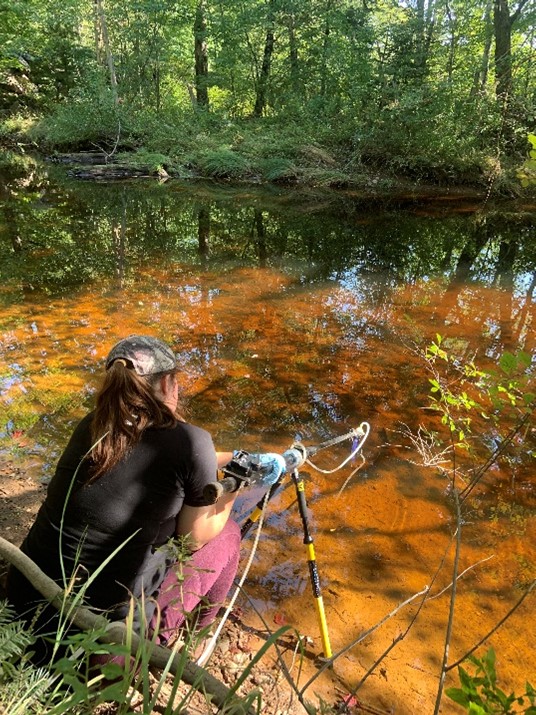 A person is on the bank of a stream using a tripod to collect a water sample from the river.