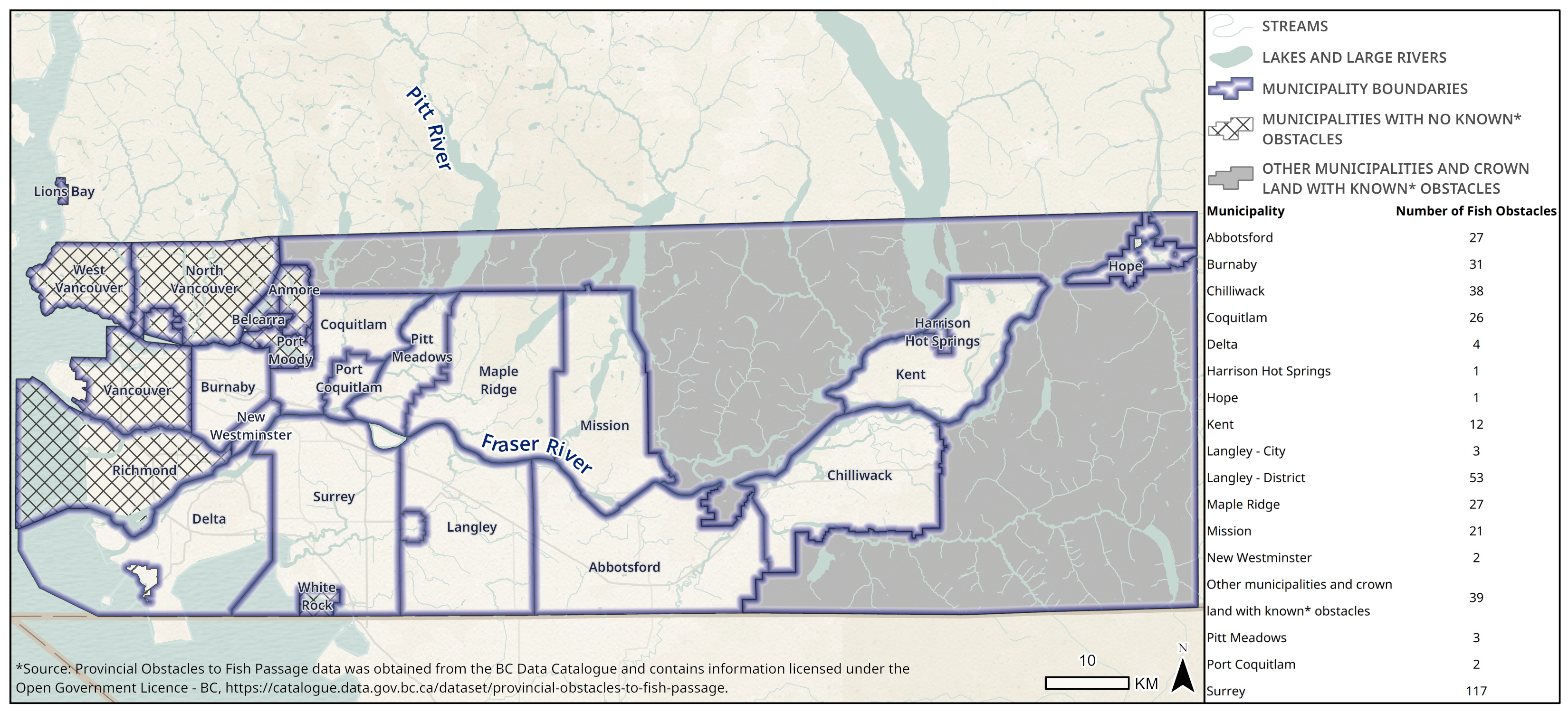 Map showing municipalities in the Lower Fraser Region with the number of human-caused obstacles to fish passage per municipality.