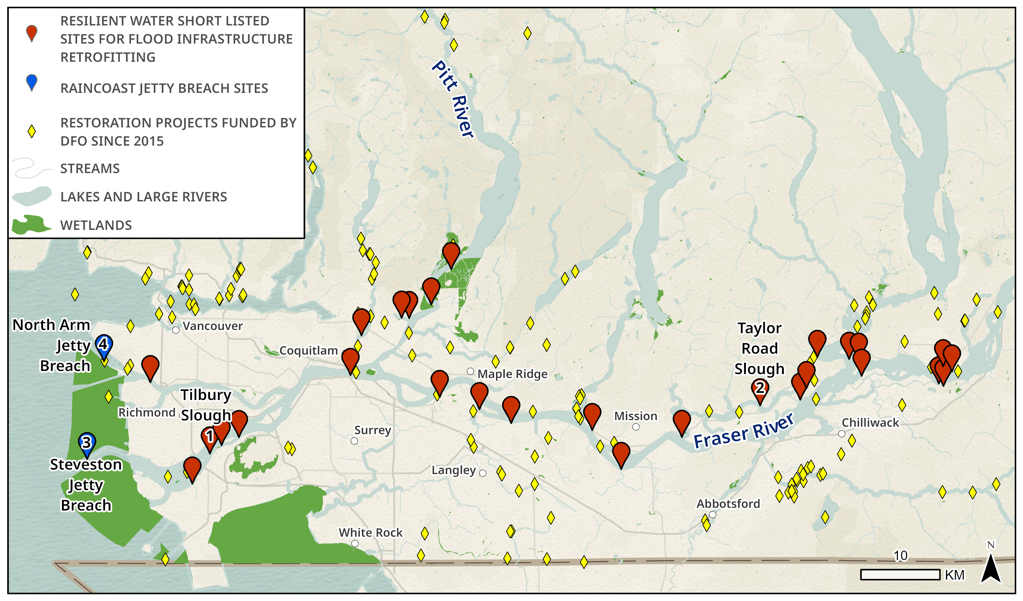 DFO has funded many restoration projects that are mapped in the Lower Mainland, including the Raincoast Jetty Breach sites (North Arm and the Steveston Jetty Breach), and Resilient Waters sites (throughout the Lower Fraser mainstem and the Lower Pitt River).
