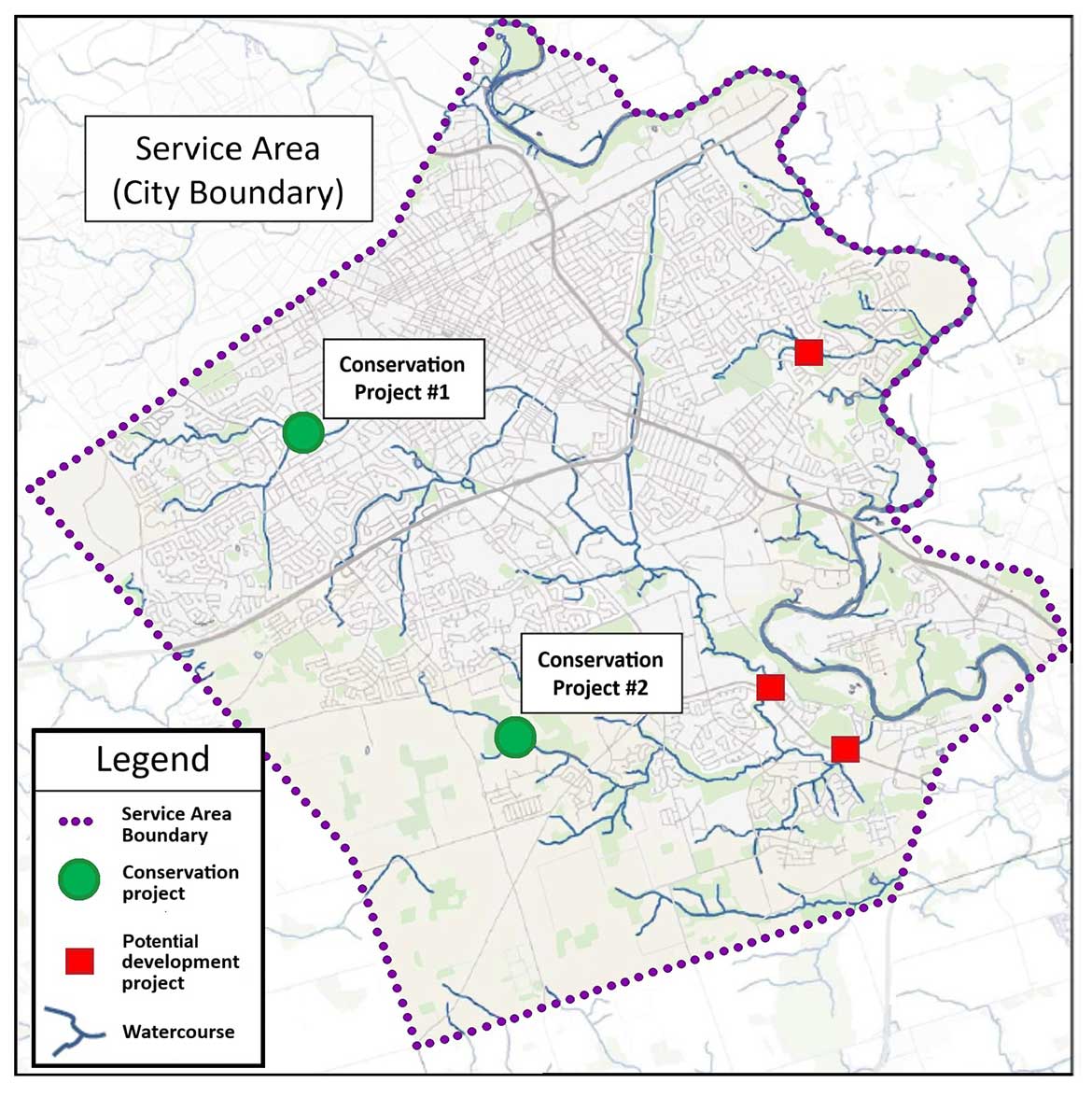 Map of a service area for a fish habitat bank (service area tied to the arrangement).