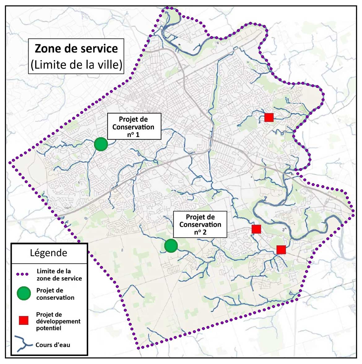 Carte d'une zone de service pour une réserve d'habitats (zone de service est liée à l'arrangement).