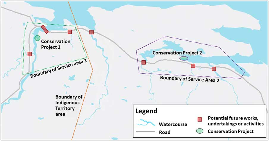 Map of a service area for a fish habitat bank (service area tied to the conservation project). Text version follows.