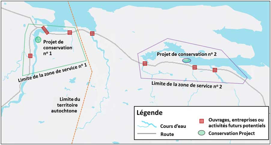 Carte d'une zone de service pour une réserve d'habitats (zone de service est liée au projet de conservation). Une version textuelle suit.