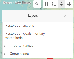 Clicking the stacked squares layers button opens a panel showing a list of map layers that can be turned on or off. 