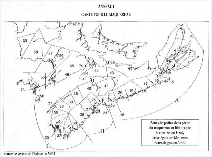 Carte illustrant les zones de gestion de la Pêche du maquereau au filet-trappe