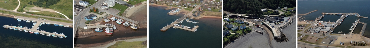 les ports pour petits bateaux dans les régions des Maritimes et du Golfe. Les ports de gauche à droite sont ceux de baie Saint-Laurent, N.-É., Alma, N.-B., Georgetown, Î.-P.-É, Hall's Harbour, N.-É., et Caraquet, N.-B
