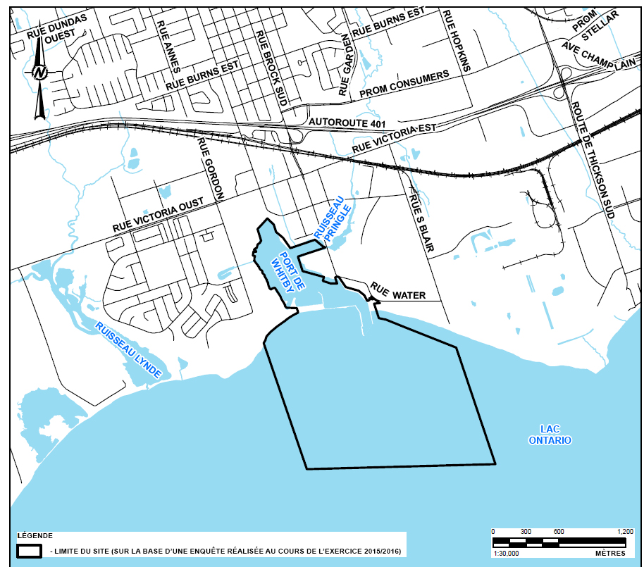 Carte du port pour petits bateaux de Whitby et de ses environs, y compris les limites du bien fédéral tracées sur le lac Ontario.