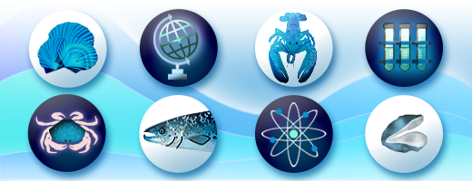 Circular graphics of sea creatures and science models represent Fisheries and Oceans Canada’s scientific centres of expertise.
