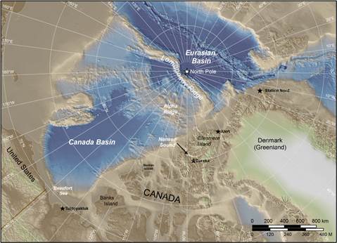 Topographic map showing the geographic features for Canada’s surveys of its extended continental shelf in the Arctic: the Canada Basin, the Lomonosov Ridge, the Alpha Ridge, Ellesmere Island and Greenland.