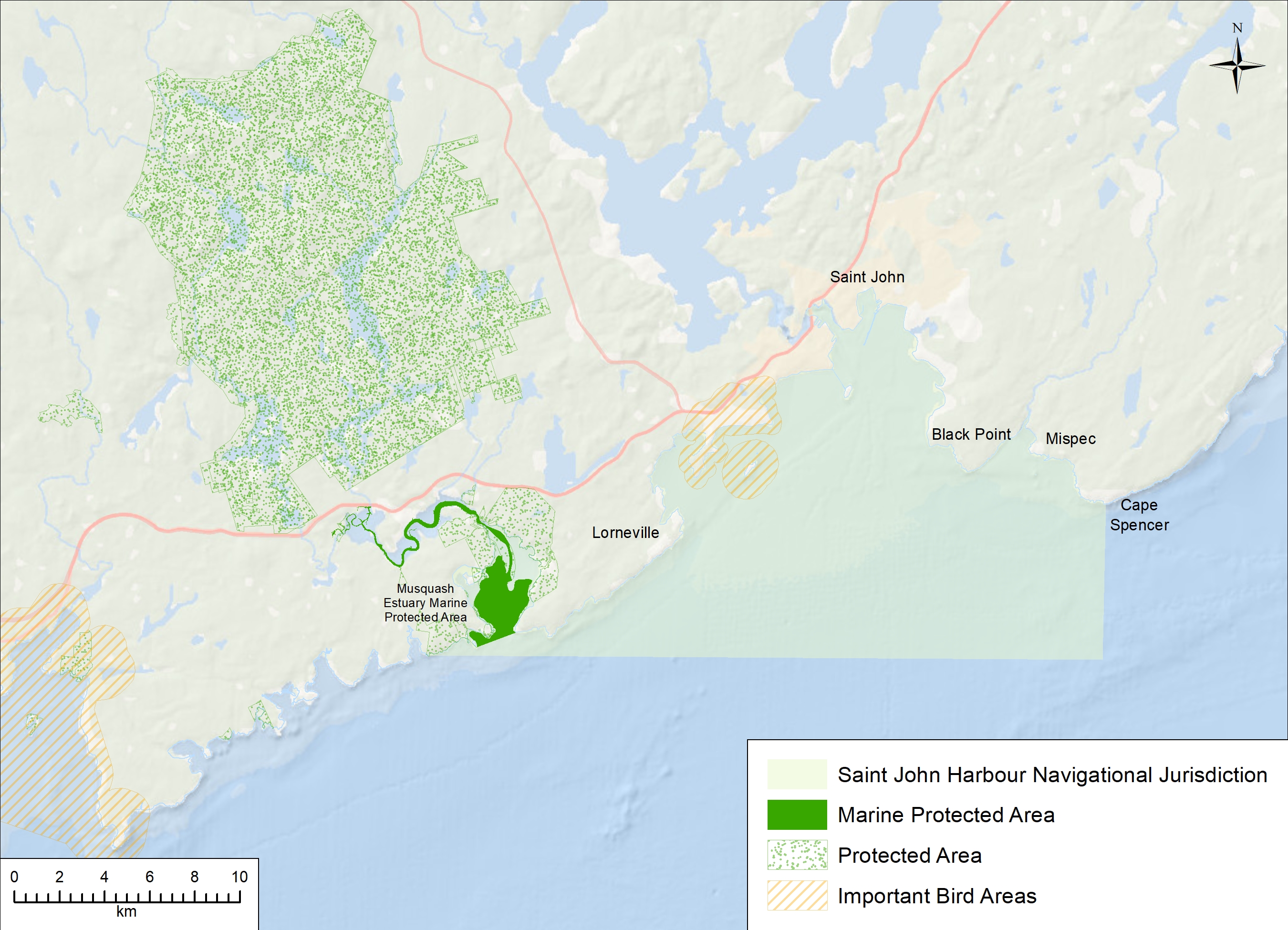 Terrain map of Port of Saint John study site. The study area is a marine area highlighted in light green. The boundary extends from the city of Saint John in the north, to Cape Spencer in the southeast and to the Musquash Harbour in the southwest, forming an triangle-like shape. There are two small islands in the northwest of the study area. Along with the study area, Musquash Harbour is shown in dark green, as well as the Protected Area adjacent to the study site and important bird areas. The scale of the map is 10km.