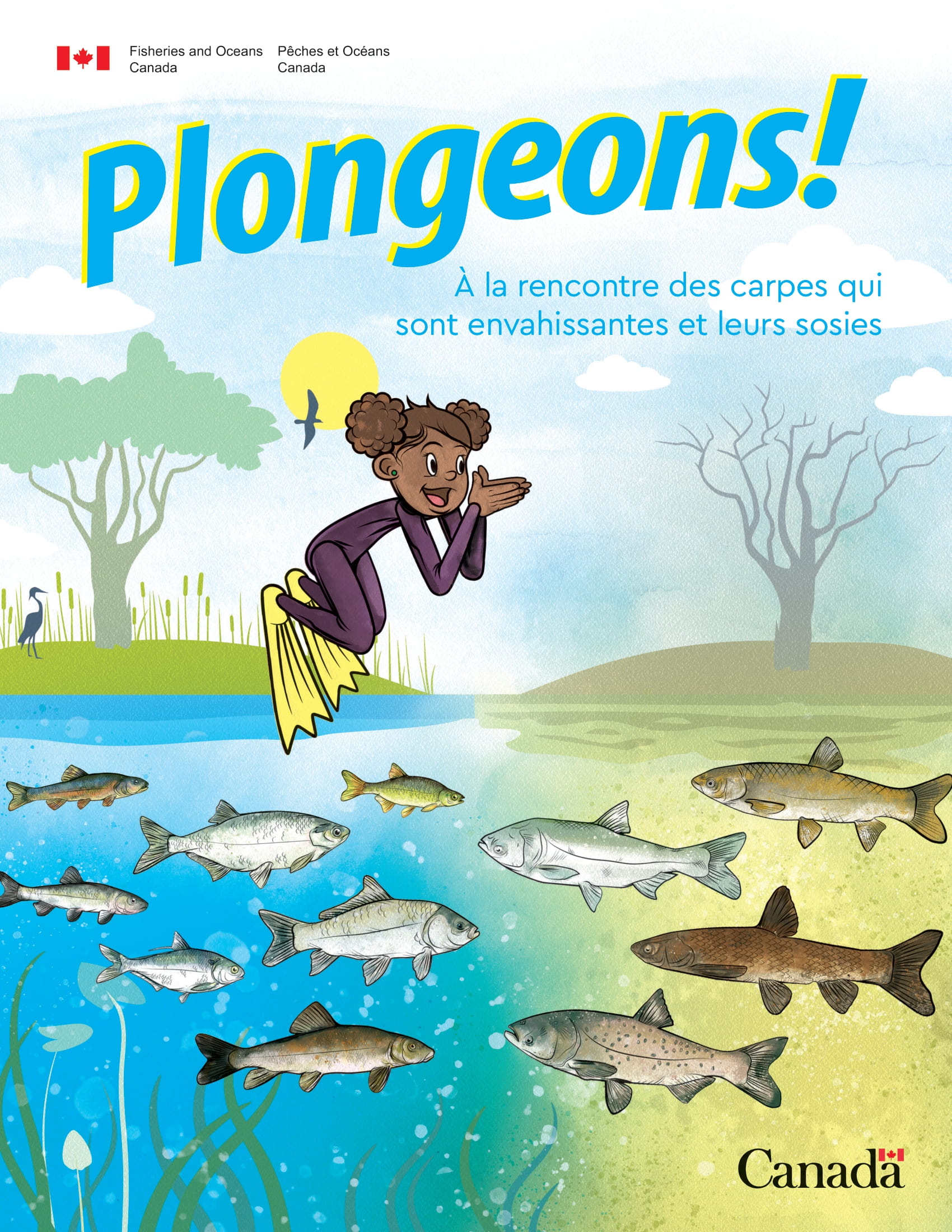 Un enfant sautant dans un lac où nagent de nombreux poissons.