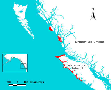 2008 Sea otter range in British Columbia (shown in red)