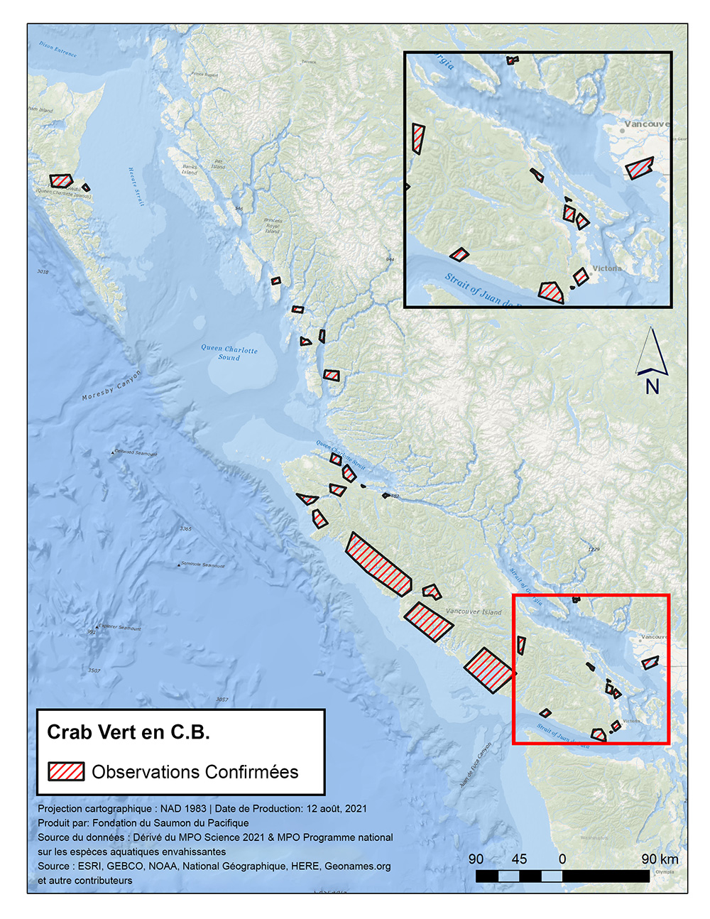Distribution du crabe vert dans la région du Pacifique.