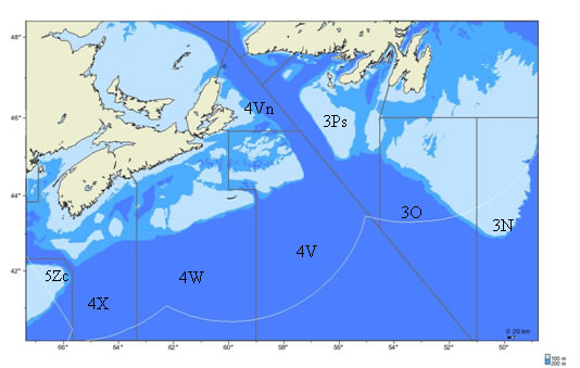 Figure 2 - Carte de la zone de gestion du flétan de l'Atlantique montrant les divisions 3NOPs4VWX5Zc de l’Organisation des pêches de l’Atlantique Nord-Ouest (OPANO). La ligne blanche délimite la zone économique exclusive (ZEE).