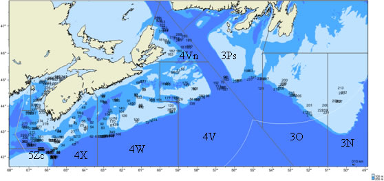 Figure 4 - Carte des stations de relevé sur le flétan et des divisions de la zone de gestion de l'Organisation des pêches de l'Atlantique Nord-Ouest La ligne blanche délimite la zone économique exclusive (ZEE)