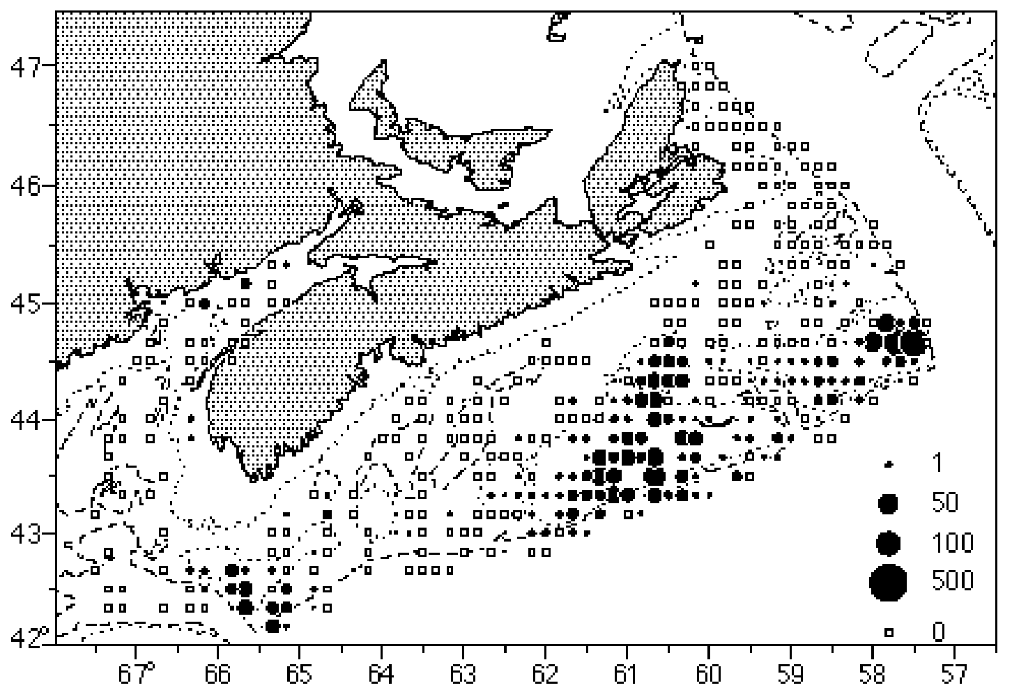 Figure 12 - Yellowtail Flounder Biomass (kg/tow) from the 1994-1997 Summer Groundfish Surveys