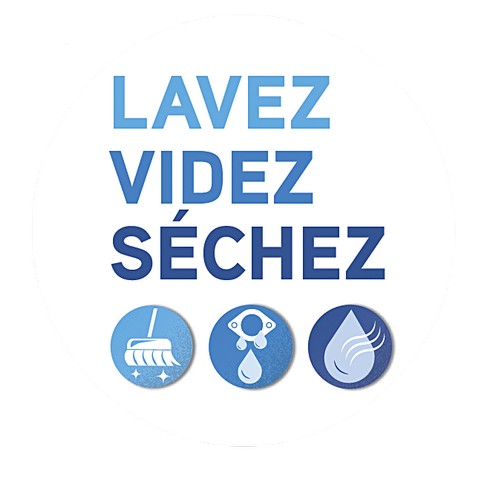 Logo « Lavez, videz, séchez » du Ministère de Pêches et Océans Canada (MPO)