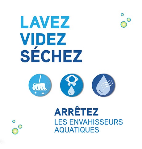Logo « Lavez, videz, séchez – Arrêtez les envahisseurs aquatiques » du Ministère de Pêches et Océans Canada (MPO) 