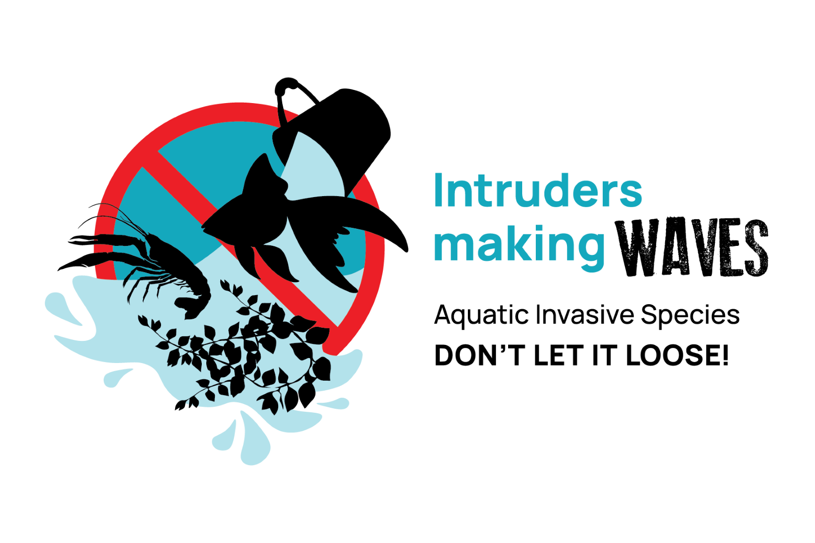 Illustration depicting a bucket releasing an aquarium fish, a crayfish and an aquatic plant into a body of water. A prohibition symbol is superimposed on the image to indicate that introducing invasive species into a natural environment is illegal. Besides, it reads: Intruders making waves. Aquatic invasive species. Don’t let it loose!