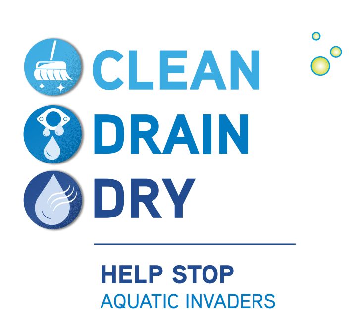 'Clean, drain, dry – Help stop aquatic invaders' pictogram of Fisheries and Oceans Canada (DFO)