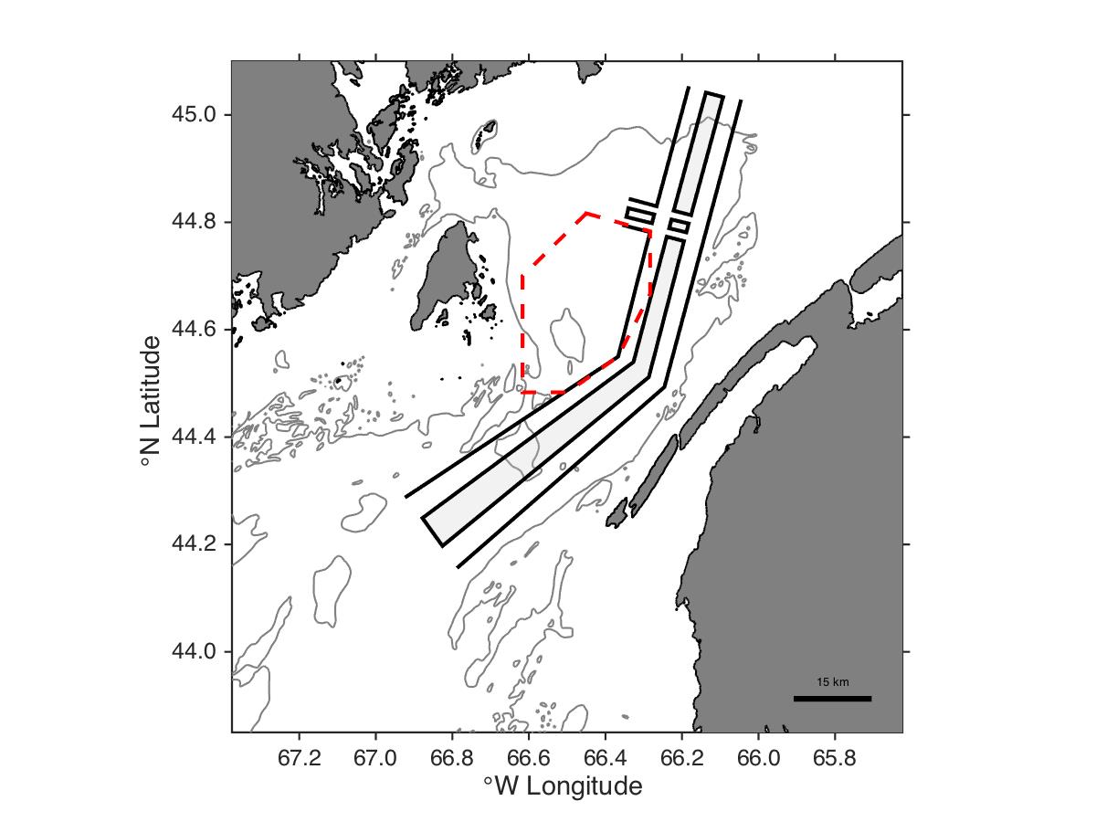 Figure 2. Convergence spatiale du dispositif de séparation du trafic (DST) (lignes noires et polygones noirs) et de l'habitat essentiel de la baleine noire de l'Atlantique Nord (polygone rouge pointillé) dans la baie de Fundy. Les isobathes de 100 m et 200 m (lignes grises) sont également illustrées.