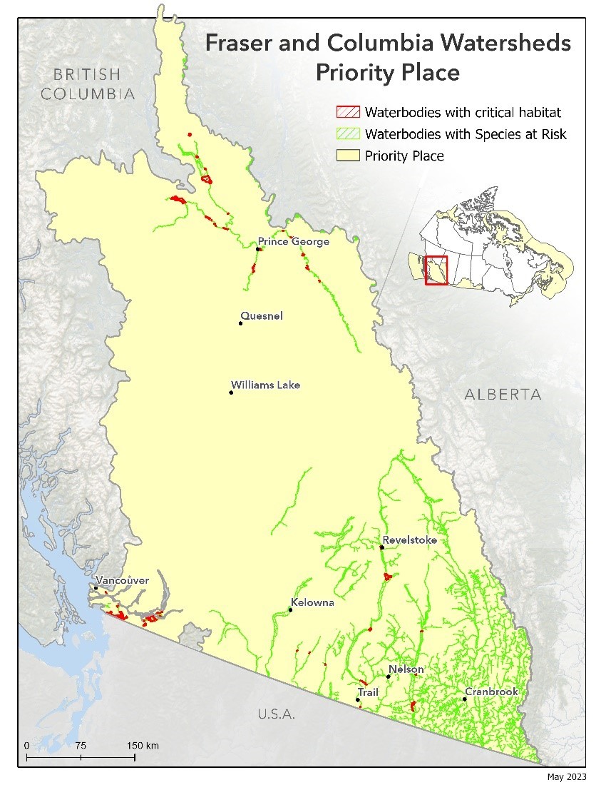 Map of Fraser and Columbia Watersheds Priority Place (BC). See text that follows.