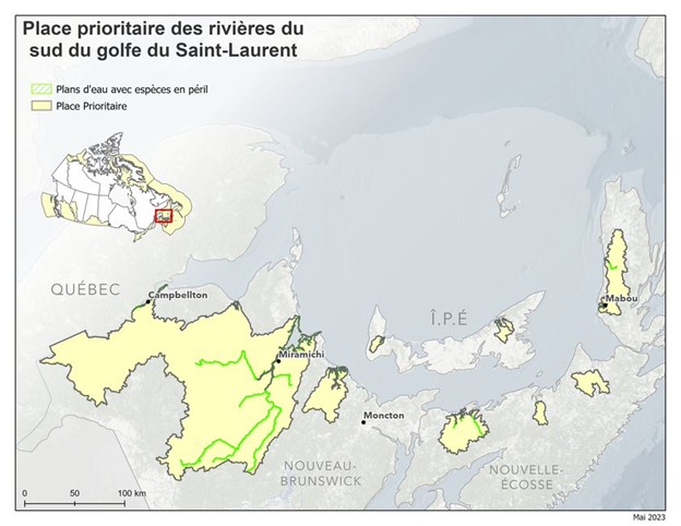 Carte d la Place prioritaire des rivières du sud du golfe du Saint-Laurent (N.-B., N.-É., Î.-P.-É). Voir le texte qui suit.