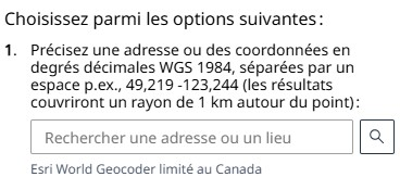Capture d’écran de l’option « Préciser une adresse ou des coordonnées » montrant les instructions pour saisir des coordonnées en degrés décimaux WGS 1984 séparées par un espace, un champ de recherche « Rechercher une adresse ou un lieu » et un bouton de recherche.