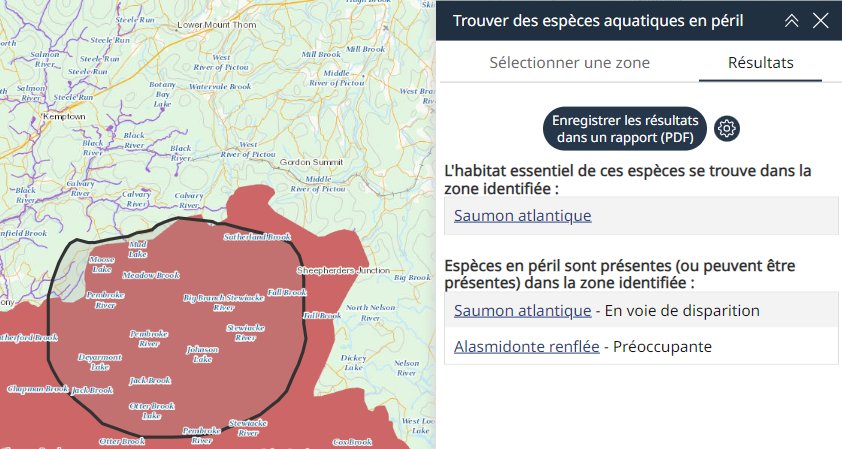 onglet « Résultats » montrant la liste des espèces trouvées dans une aire définie par l'outil « Zone à main levée ». Un bouton « Enregistrer les résultats dans un rapport (PDF) » et une icône en forme de roue dentée sont affichés pour ouvrir le rapport PDF et modifier le titre du rapport, respectivement.