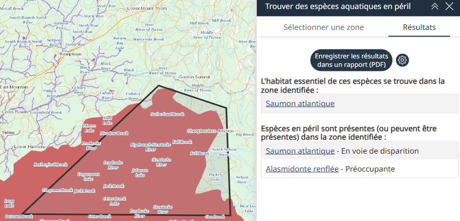 onglet « Résultats » montrant la liste des espèces trouvées dans une aire définie par l'outil « Zone du polygone ». Un bouton « Enregistrer les résultats dans un rapport (PDF) » et une icône en forme de roue dentée sont affichés pour ouvrir le rapport PDF et modifier le titre du rapport, respectivement.