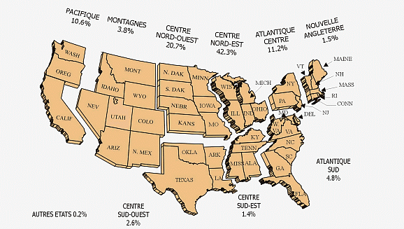Figure 1. Carte de la répartition par région des citoyens de États-Unis qui étaient titulaires de permis de pêche au Canada en 2000
