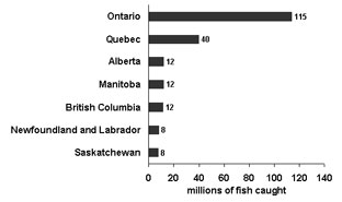 Figure 4.6: bar graph showing the total number of fish harvest in Canada for selected provinces in 2005.