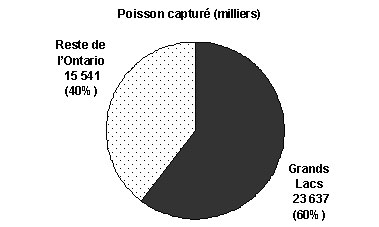 Diagrammes à secteurs nous montrant la part en pourcentage du nombre de poisson capturé par les pêcheurs dans les Grands Lacs, toutes les espèces, Grands Lacs et le reste de l&rsquo;Ontario, 2005 