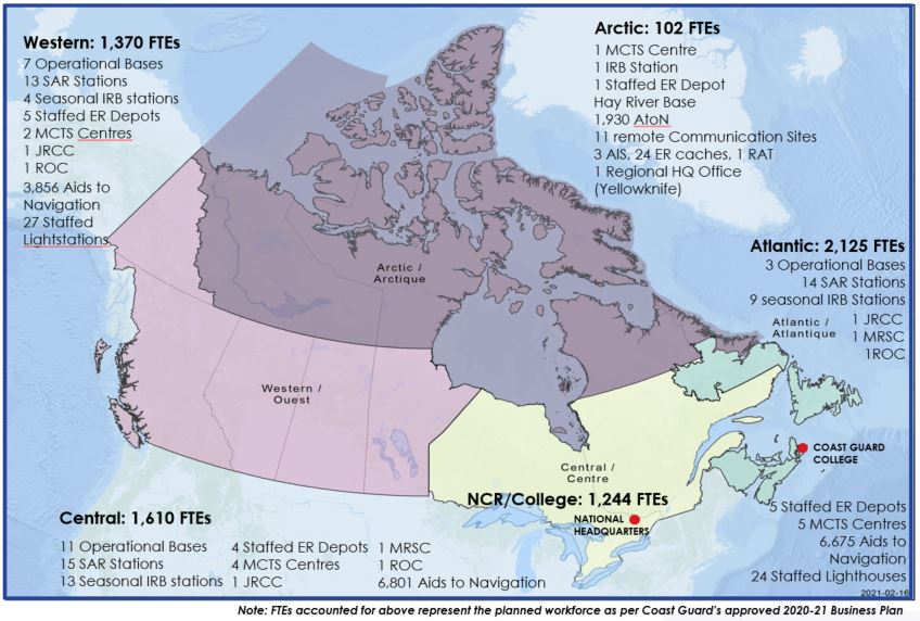 Map of Canada showing Coast Guard regions, FTEs, assets
