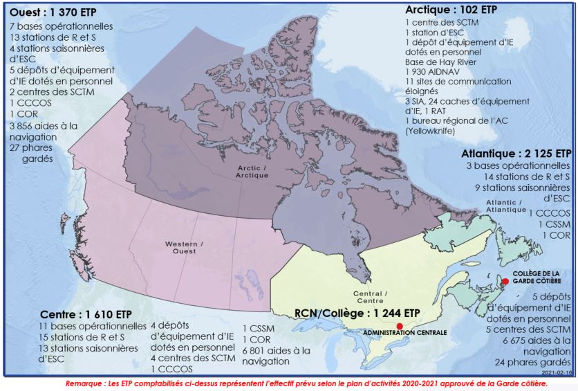 Carte du Canada montrant les régions, les ETP et les actifs de la Garde côtière