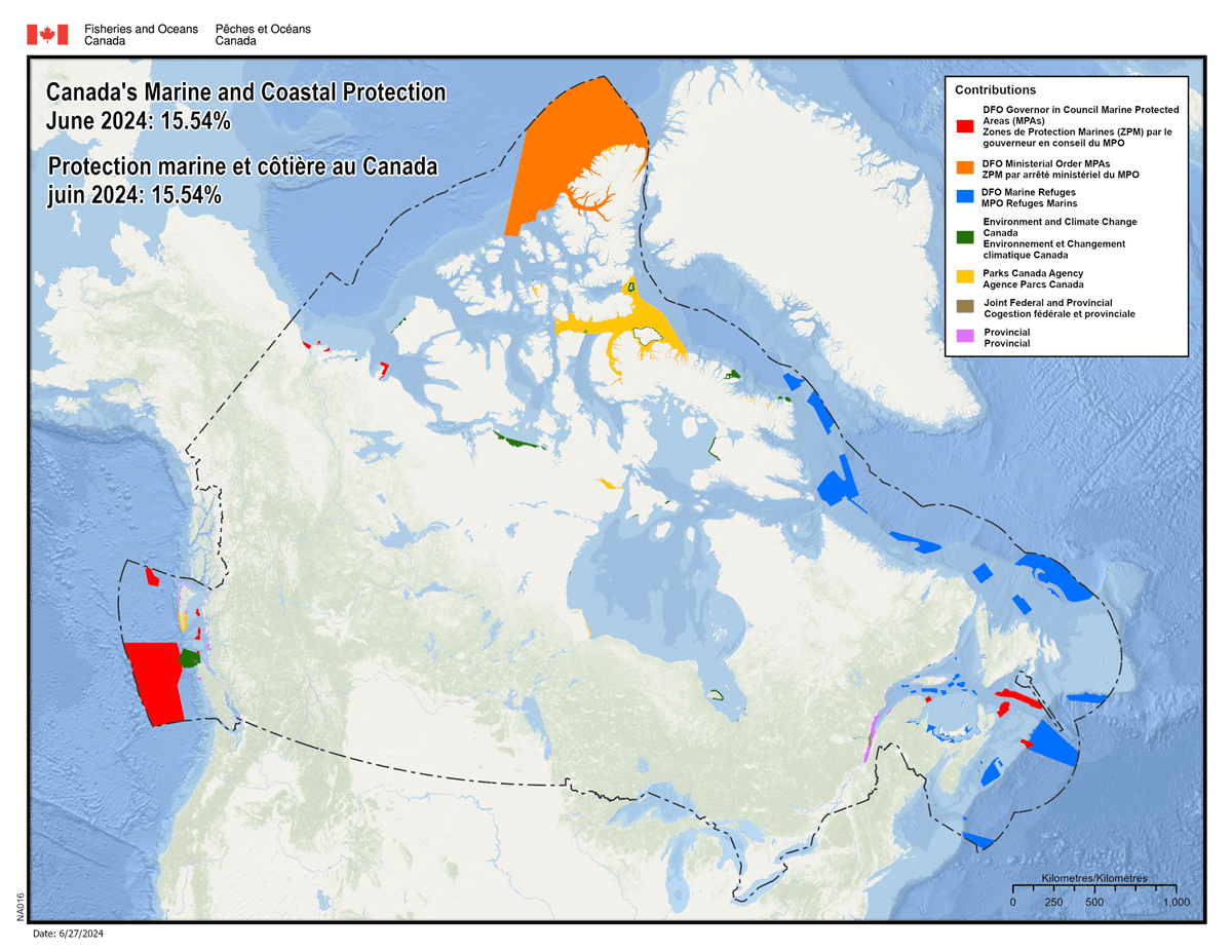 Map showing Canada’s marine and coastal protections. June 2024. 15.54%.